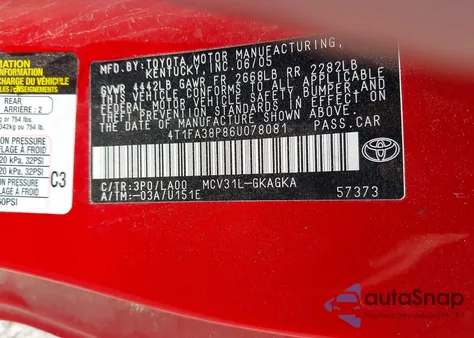 2006 Toyota Camry Solara Sle из США, поврежденный, VIN 4T1FA38P86U078081